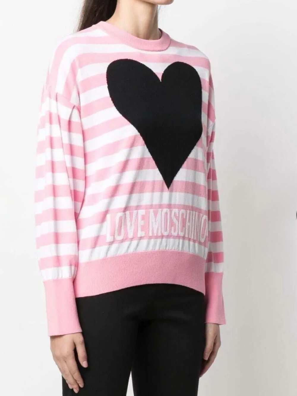 Love Moschino Women’s Size 10 Pink White Striped Logo Sweater